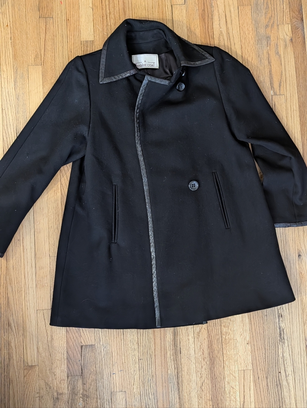 VTG A Trigere 100% Pure Wool Coat w/ Leather Trim | Designer Black Pea Coat